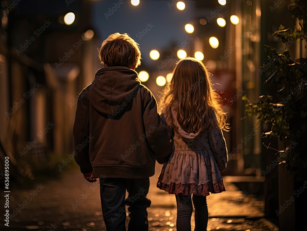 two childs seen from behind at night walking along a street