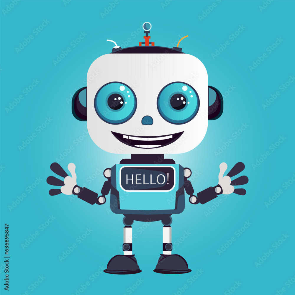 Vector illustration in flat cartoon style, cheerful happy robot waving his hands in greeting. Banner template with text Hello on monitor.
Vector illustration in flat cartoon style, cheerful happy robot waving his hands in greeting. Banner template with text Hello on monitor.