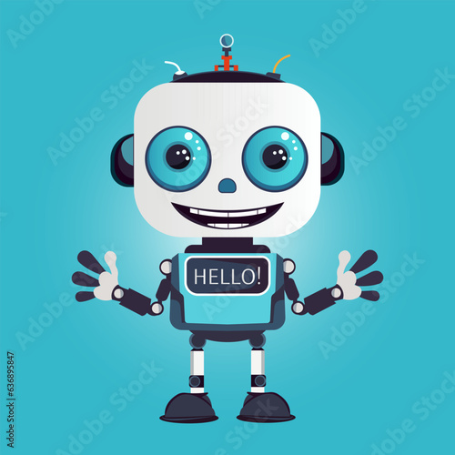 Vector illustration in flat cartoon style, cheerful happy robot waving his hands in greeting. Banner template with text Hello on monitor.
