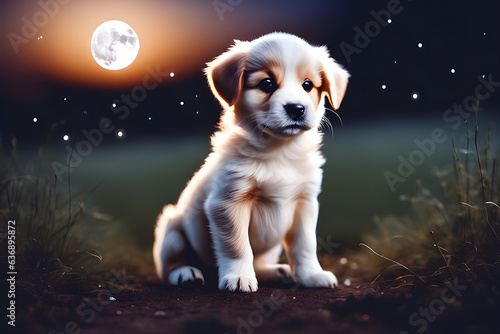 Cute and adorable puppies under the bright moonlight. Generative AI