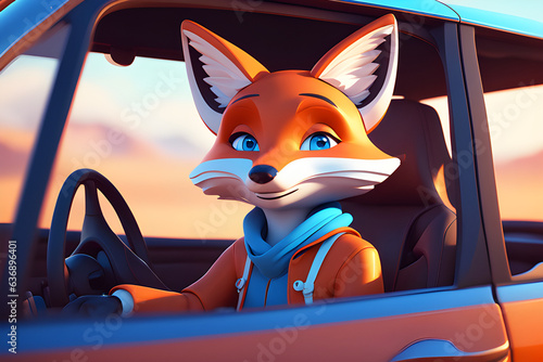 cute fox animated character, blue eyes, illustration, smiling, drving car, on journey, wears cute outfit, Generative AI photo