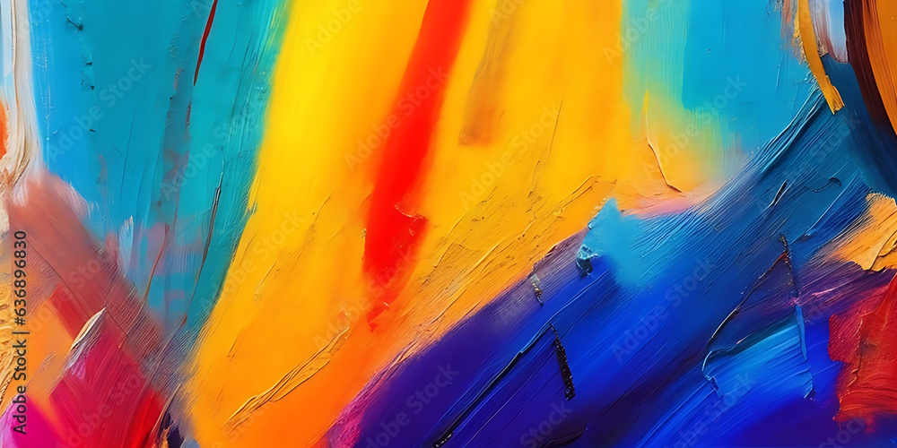 Fototapeta premium A macro view of a vibrant abstract painting, with a mix of thick brushstrokes and pallet knife paint creating a textured canvas of complementary colors.