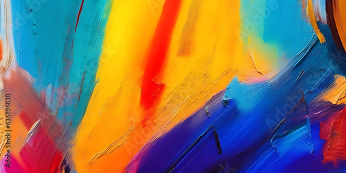 A macro view of a vibrant abstract painting, with a mix of thick brushstrokes and pallet knife paint creating a textured canvas of complementary colors.