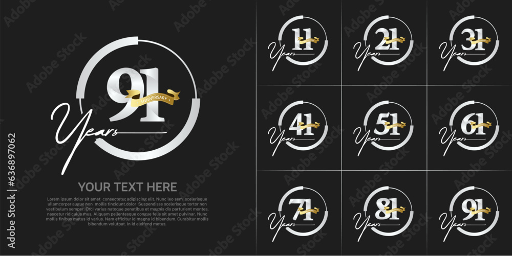 set of anniversary logo with silver number in circle and golden ribbon can be use for celebration set of anniversary logo with silver number in circle and golden ribbon can be use for celebration