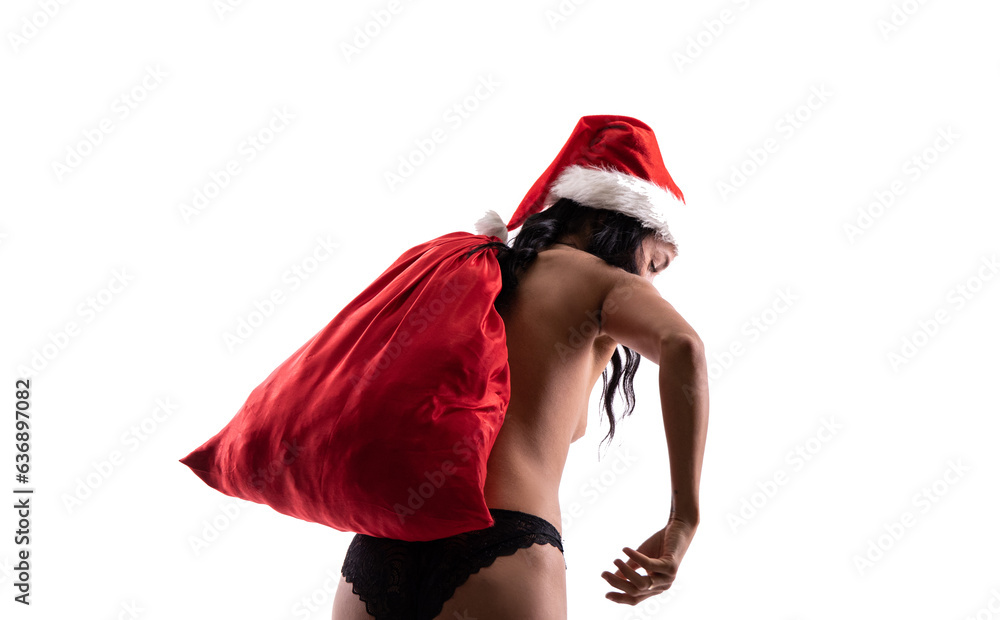 Photo of positive girl wearing santa claus hat hold hand demonstrate christmas new year Photo of positive girl wearing santa claus hat hold hand demonstrate christmas new year