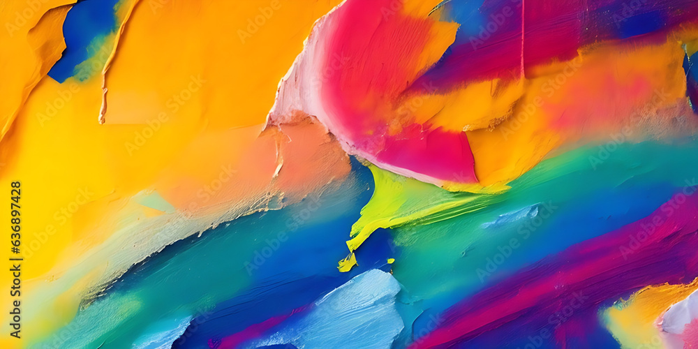 A macro view of a vibrant abstract painting, with a mix of thick brushstrokes and pallet knife paint creating a textured canvas of complementary colors.