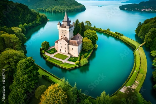 Most beautiful medieval castles of France - Menthon located near lake Annecy. aerial view. photo