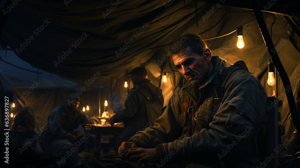 An atmospheric shot of a combat medic attending to wounded soldiers inside a field hospital tent, illuminated by dim lighting 