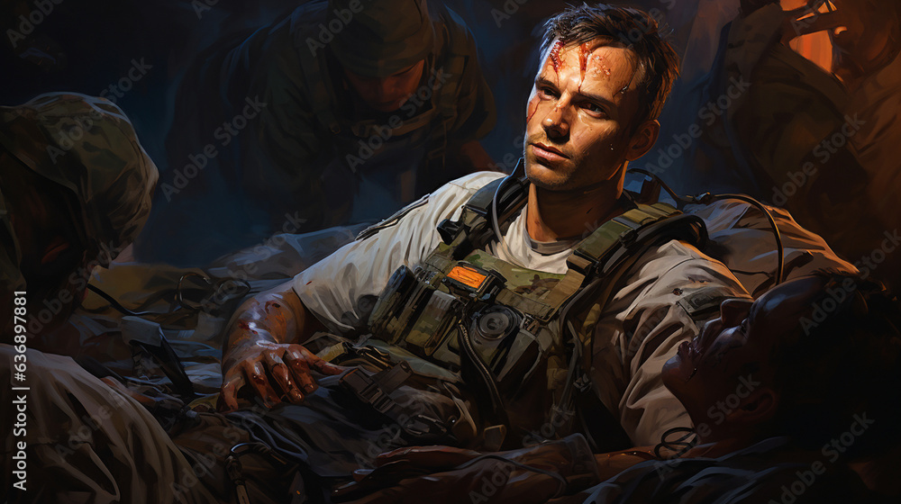 A combat medic in the midst of triaging multiple casualties, showcasing their ability to prioritize care in high-stress situations A combat medic in the midst of triaging multiple casualties, showcasing their ability to prioritize care in high-stress situations