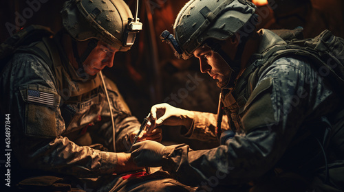 A combat medic applying a tourniquet to a soldier's leg in a realistic simulation, emphasizing their critical life-saving skills 