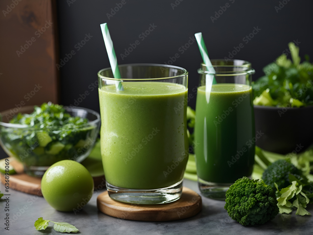 A glass of green smoothie next to a glass of green juice on a table
A glass of green smoothie next to a glass of green juice on a table