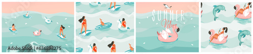 Hand drawn vector abstract stock graphic summer time cartoon, contemporary illustrations prints collection set with beach surfers group characters,flamingo floats and mermaid on color background.