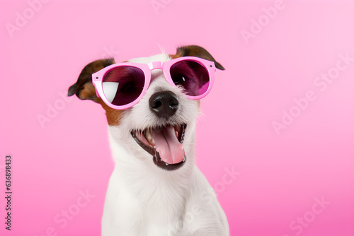 Funny dog with sunglasses on pink background. Jack Russell Terrier