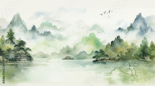 Landscape Watercolor splash ink smudge style Chinese for background Genarative AI