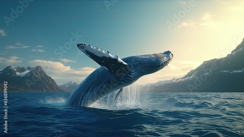 Image of magnificent humpback whale emerges over the blue water surface