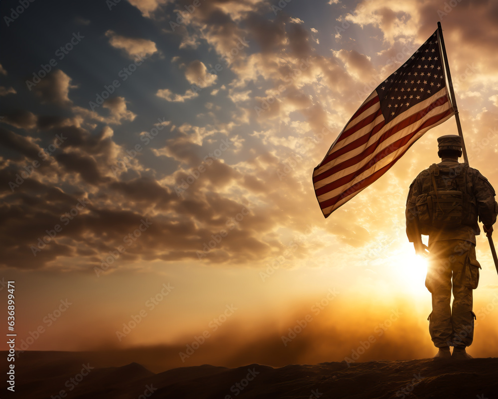 Soldier and USA flag on sunrise background . Veterans Day. Soldier and USA flag on sunrise background . Veterans Day.