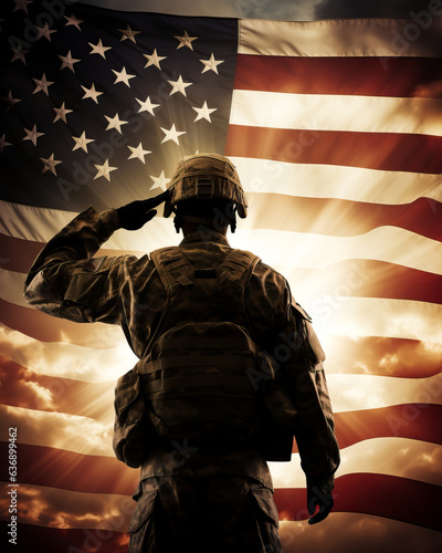 Soldier and USA flag on sunrise background . Veterans Day.