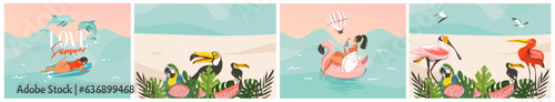 Hand drawn vector abstract stock graphic summer time cartoon, contemporary illustrations prints collection set with beach surfers group characters,flamingo floats and mermaid on color background.