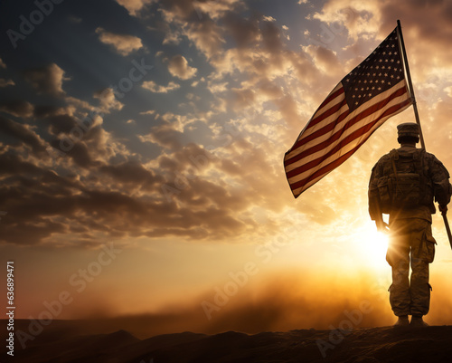 Leinwand Poster Soldier and USA flag on sunrise background . Veterans Day.