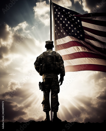 Soldier and USA flag on sunrise background . Veterans Day.