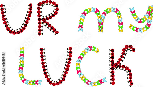 Summer symbols - Love lettering of butterflies and ladybirds - UR my luck. Happy letters to valentines day. Vector illustration isolated.