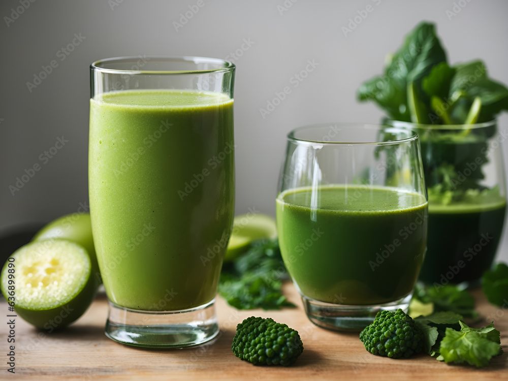 A glass of green smoothie next to a glass of green juice on a table
A glass of green smoothie next to a glass of green juice on a table