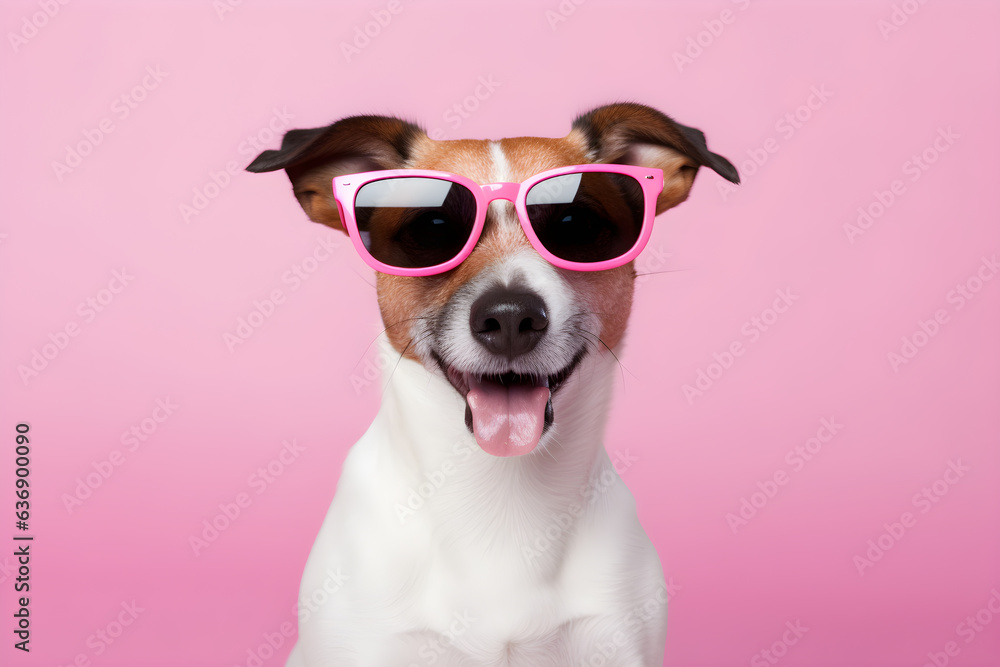 Funny dog in sunglasses on a pink background. Jack Russell Terrier