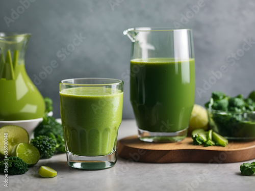 A glass of green smoothie next to a glass of green juice on a table
