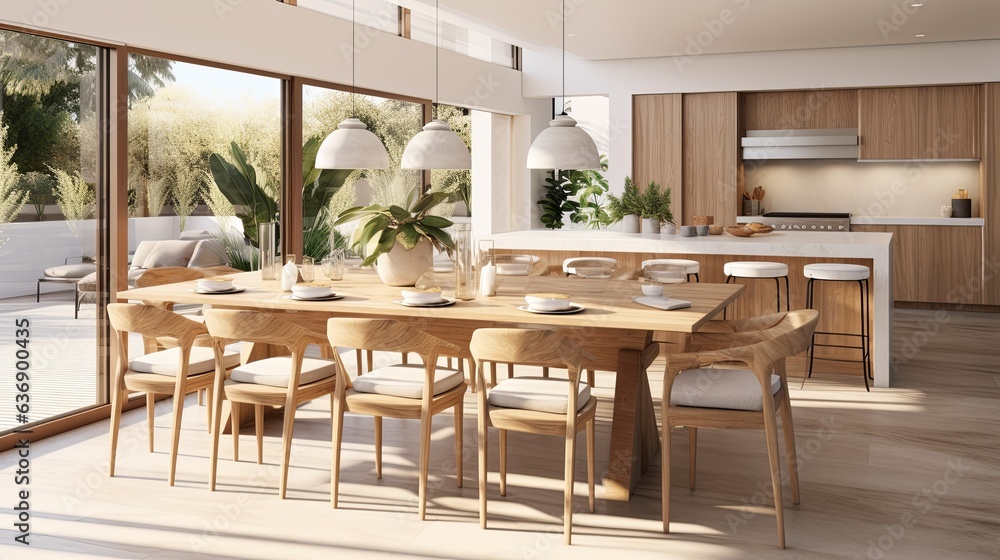 Obraz premium contemporary house design creative decor dining area in natural minimal natural material colour scheme warm and cosy feeling clean and clear space organize house beautiful background,ai generate