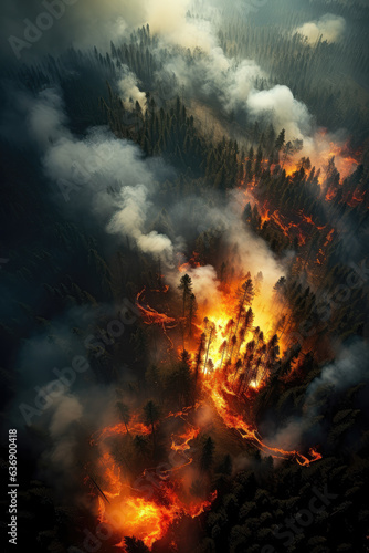 Forest in Fire Abstract Background, Aerial View 