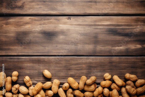 Overhead view peanuts on wooden background.