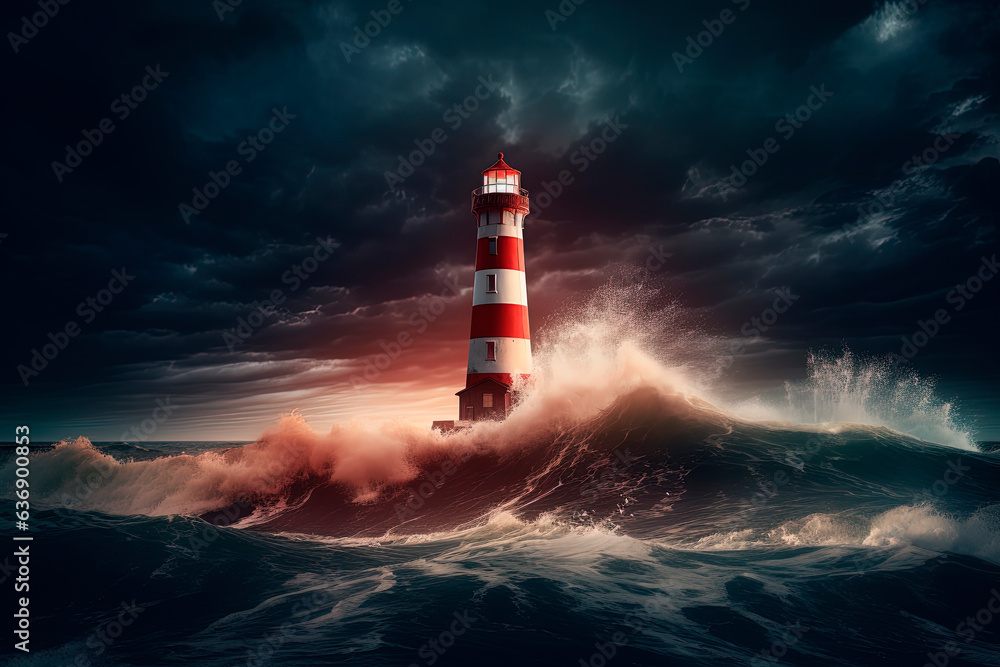 A red and white lighthouse sitting on top of a rock in the ocean. Generative AI