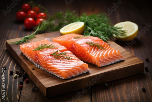 Raw Salmon fish fillet on chopping board.