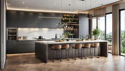 A luxurious, modern, and bright kitchen with white walls and large windows that let in bright sunlight. 