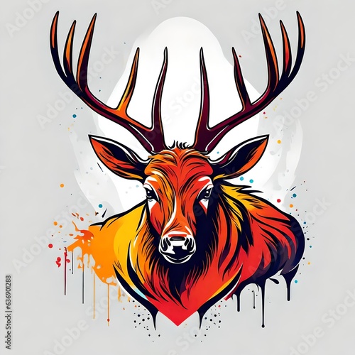 A logo for a business or sports team featuring an abstract colorful elk head that is suitable for a t-shirt graphic.