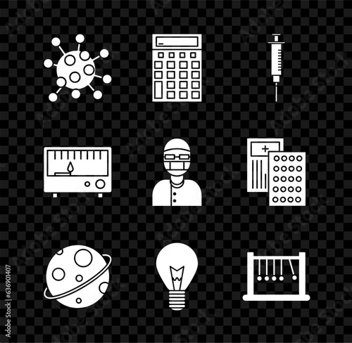 Set Bacteria, Calculator, Syringe, Planet, Light bulb with concept of idea, Pendulum, Electrical measuring instruments and Assistant icon. Vector