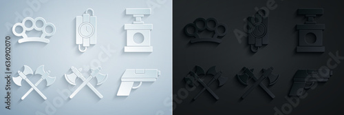 Set Crossed medieval axes, Handle detonator for dynamite, Pistol gun, stick timer clock and Brass knuckles icon. Vector