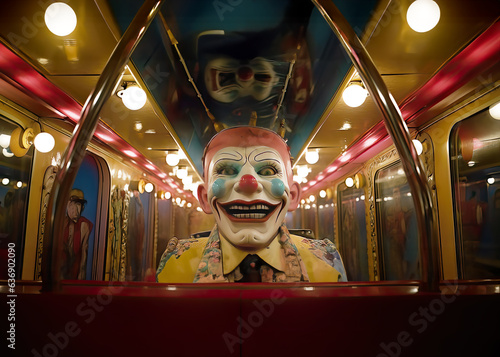 Fototapeta A terrifying clown in a wagon in a circus in a cinematic style,  Concept of horr