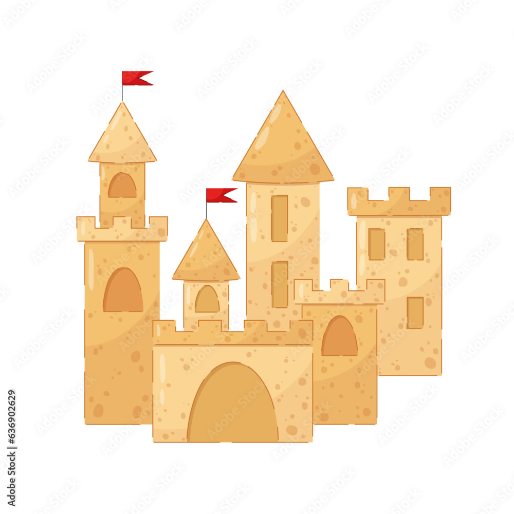 Sand castle with towers and red flags. Vacation on the beach. Summer composition. Sand castle with towers and red flags. Vacation on the beach. Summer composition.
