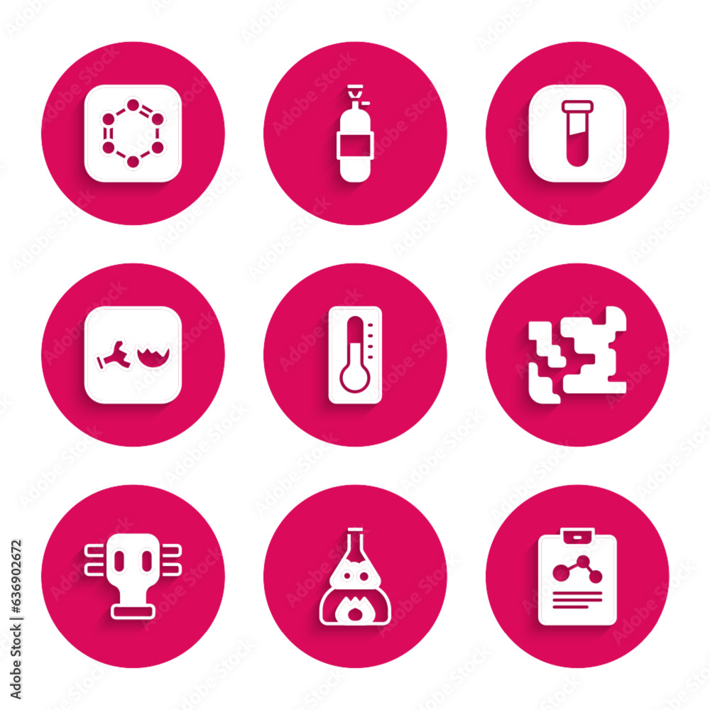 Set Medical thermometer, Test tube flask on fire, Chemistry report, Gaseous, mask, Broken, and and Formula of benzene rings icon. Vector Set Medical thermometer, Test tube flask on fire, Chemistry report, Gaseous, mask, Broken, and and Formula of benzene rings icon. Vector