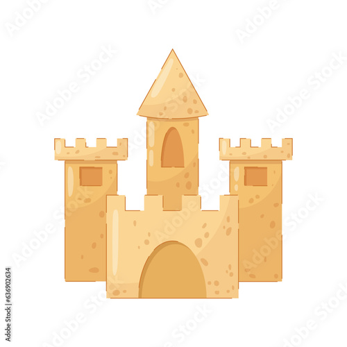 Sand castle with towers in flat style. Vacation on the beach. Summer composition.