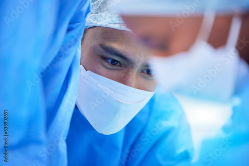 Quadro su tela Surgery, doctors and medical with man in hospital theater for operation, emergency and collaboration