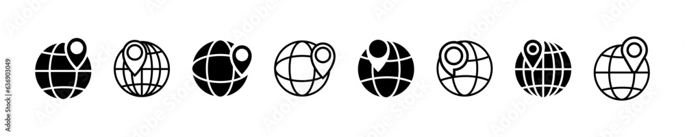 Fototapeta premium Set of globe with pin vector icons. Location on planet or world. Find place on globe. Location pointer on earth.