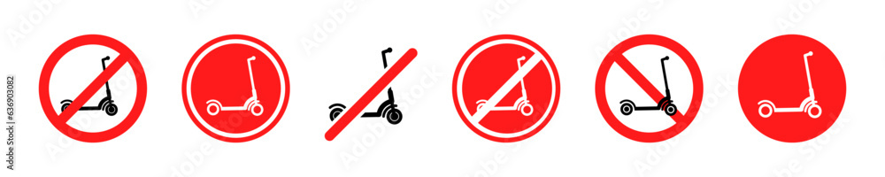 Set of no electric scooter vector icons. Red signs with stop, ban, prohibition, forbidden ride electric scooter. Vector 10 Eps. Set of no electric scooter vector icons. Red signs with stop, ban, prohibition, forbidden ride electric scooter. Vector 10 Eps.