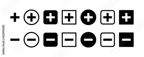 Set of plus and minus vector icons. Black mathematical sign. Math element. Vector 10 Eps.