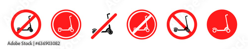 Set of no electric scooter vector icons. Red signs with stop, ban, prohibition, forbidden ride electric scooter. Vector 10 Eps.