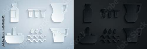 Set Wave with water drop, Jug glass, Washbasin tap, Water filter and Bottle of icon. Vector