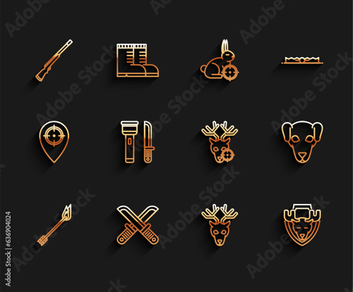 Set line Flame arrow, Crossed hunter knife, Hunting gun, Deer head with antlers, Moose on shield, Flashlight and, dog and deer crosshairs icon. Vector