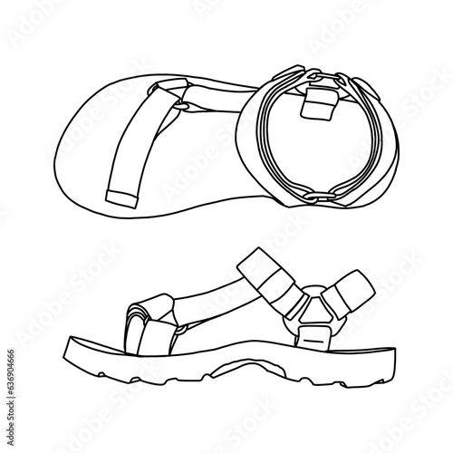 Technical sketch drawing of Men's Sandals vector template in top and side view, isolated on white background,suitable for your custom Men's Sandals design editable color and stroke.