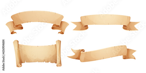Set Parchment paper scroll ribbon, old vintage banner game ui element in cartoon style isolated on white background.